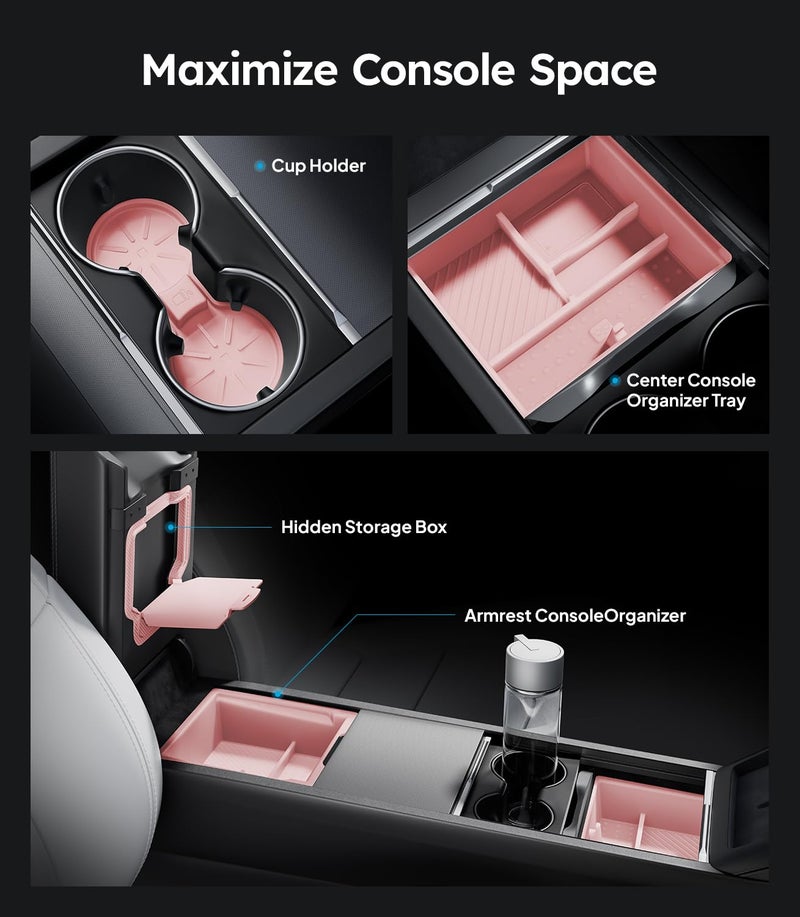 Wigoo Tesla New Model Y Juniper & Model 3 Center Console Organizer [Double Layer Space, Slide smoothly] Model 3 (2024~2025)/New Model Y Juniper Accessories, 4PCS Pink - Image 3